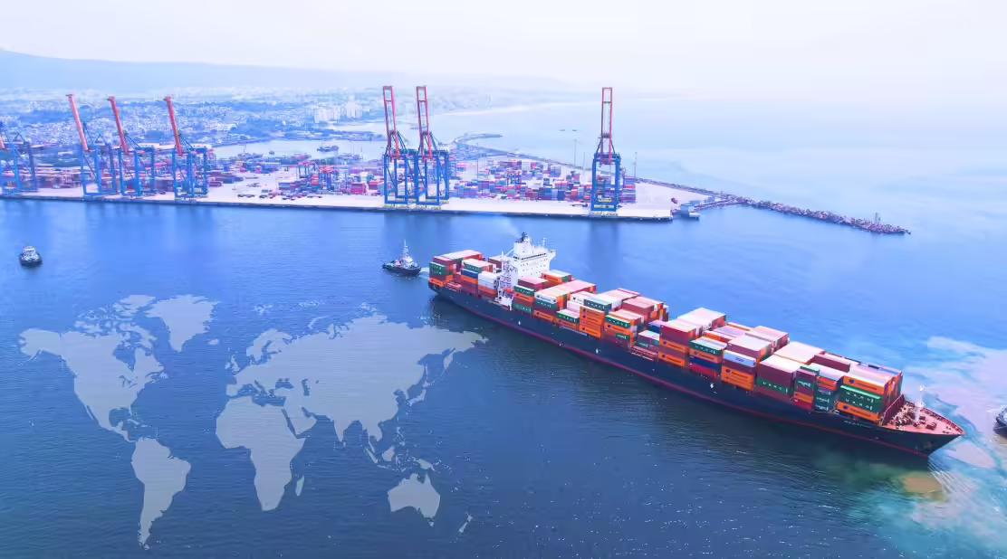 Container ship at port aerial view